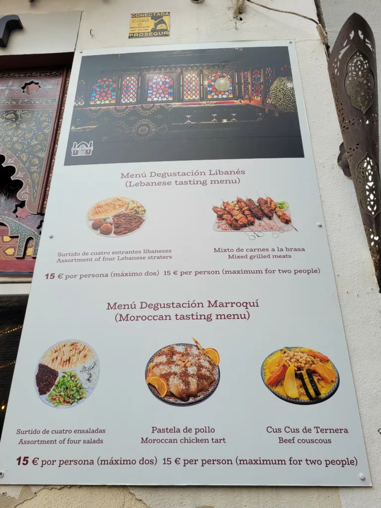 Menu showing daily menu at Bab Mansour in Granada, Spain