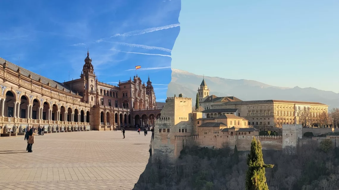 photo showing half of plaza de espana in Seville and the other half showing the Alhambra in Granada