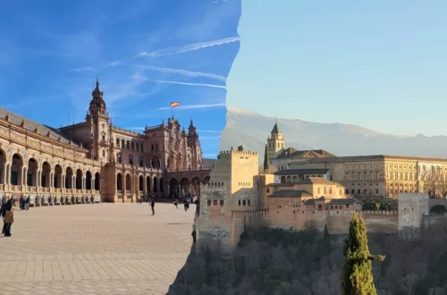 photo showing half of plaza de espana in Seville and the other half showing the Alhambra in Granada