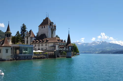 View of Oberhofen Castle on lake Thun in Switzerland