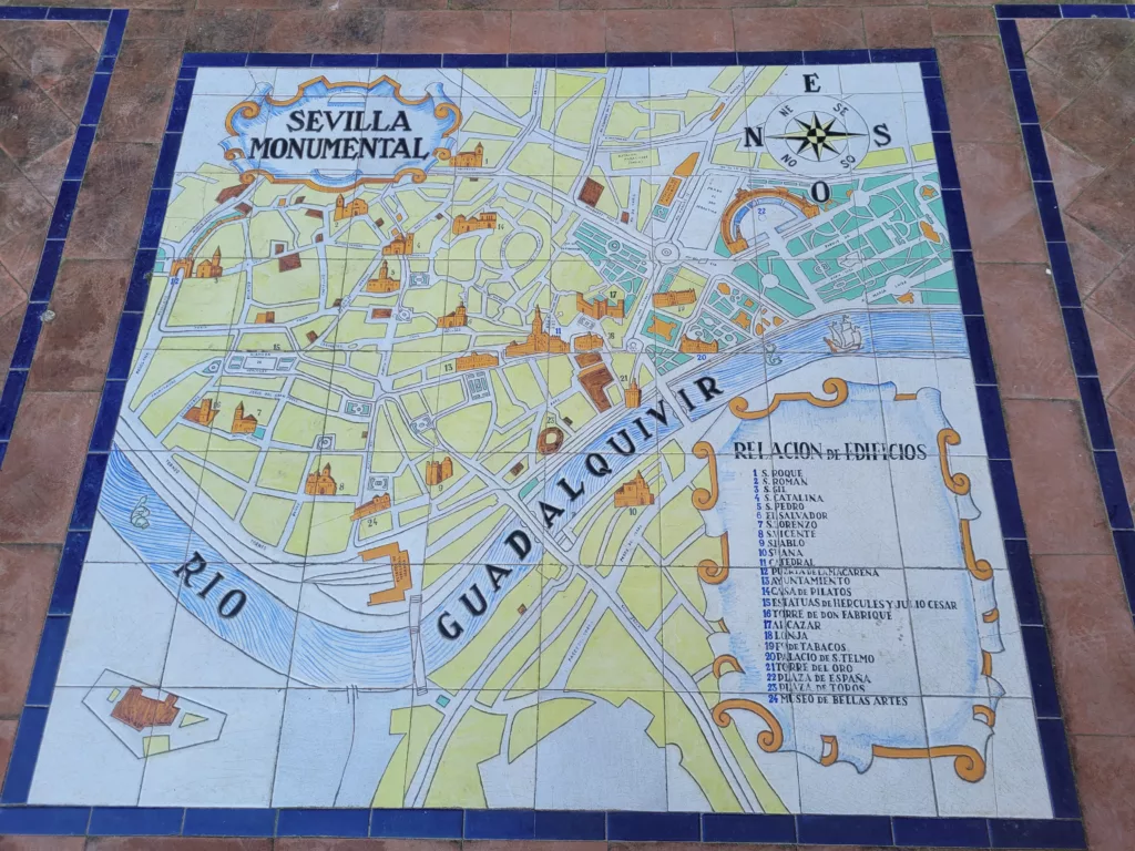 Tiled map of Seville and its sites on floor at Plaza de Espana in Seville