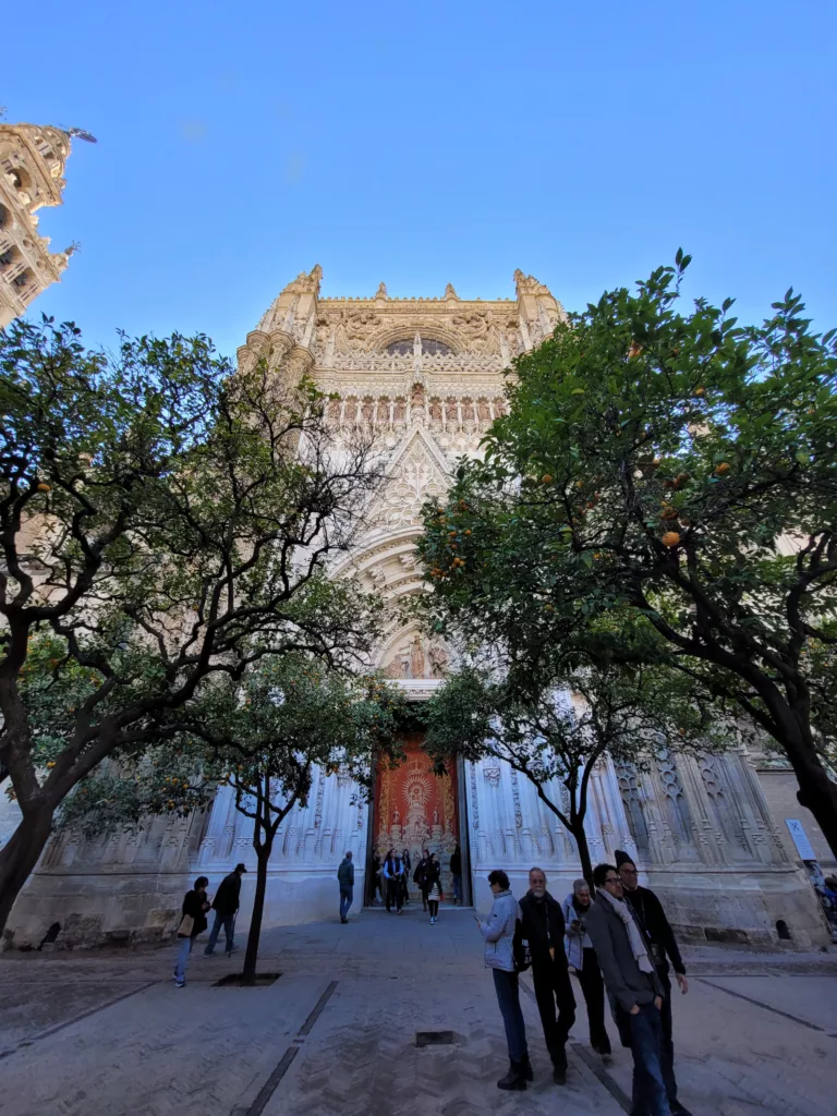 Photo of the exterior of the from of the Seville Cathedral