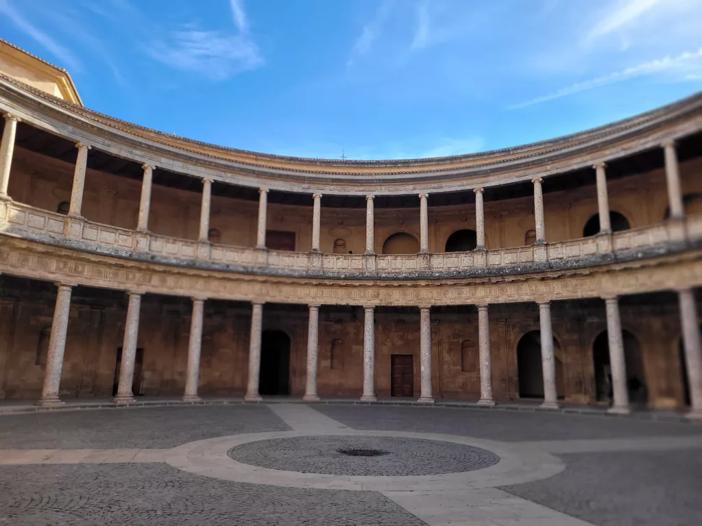 View of the double decker colonnade at Charles V Palace at the Alhambra complex