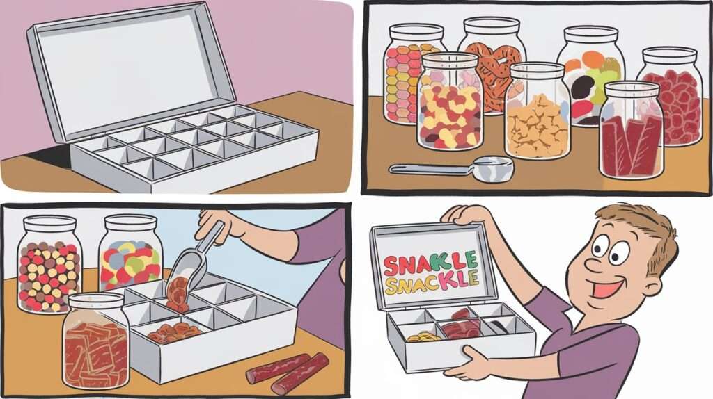 a cartoon showing the steps to create a snackle box